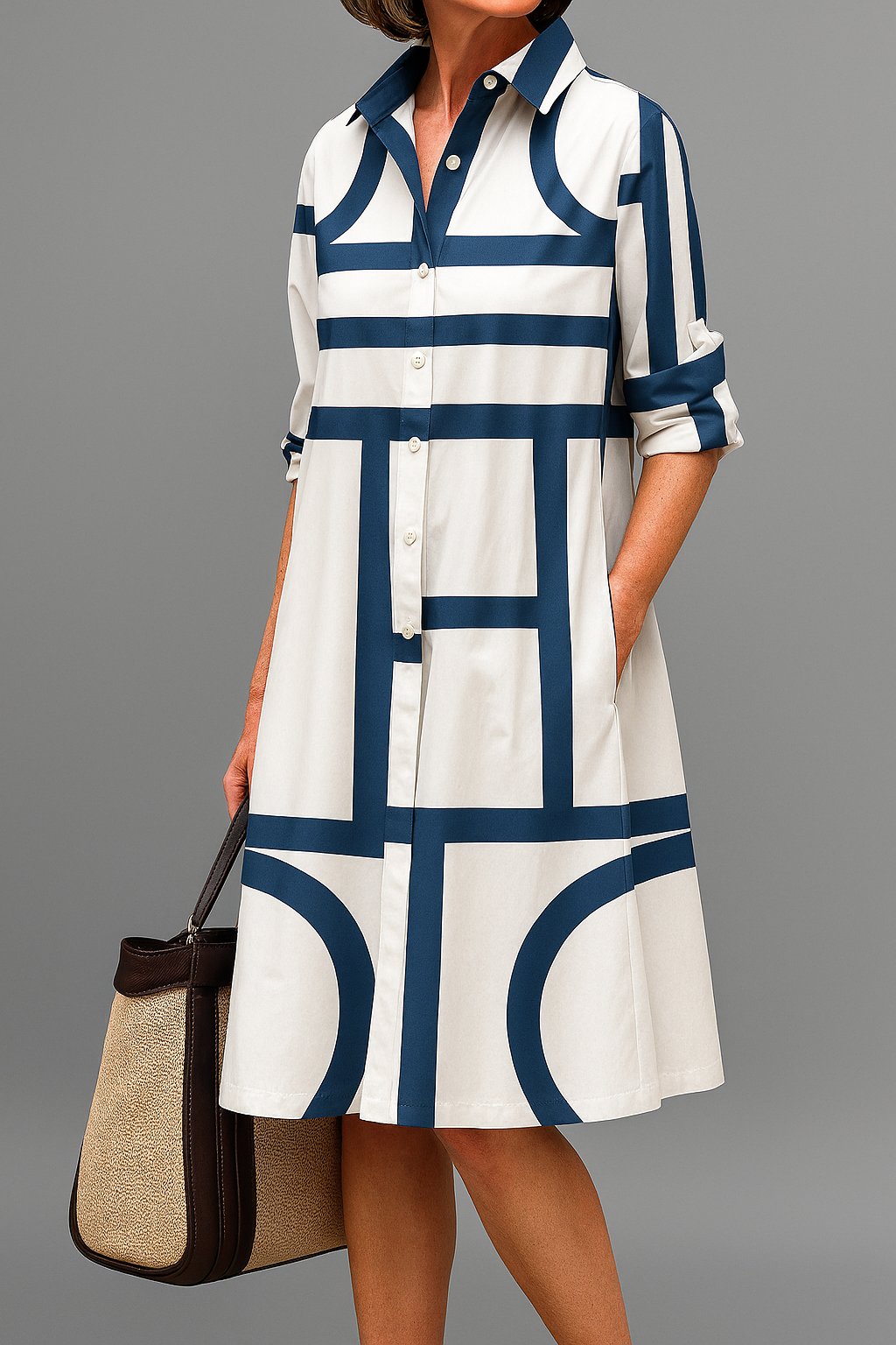 Leonie | Midi Hemdblusenkleid geometrisches Muster Langarm