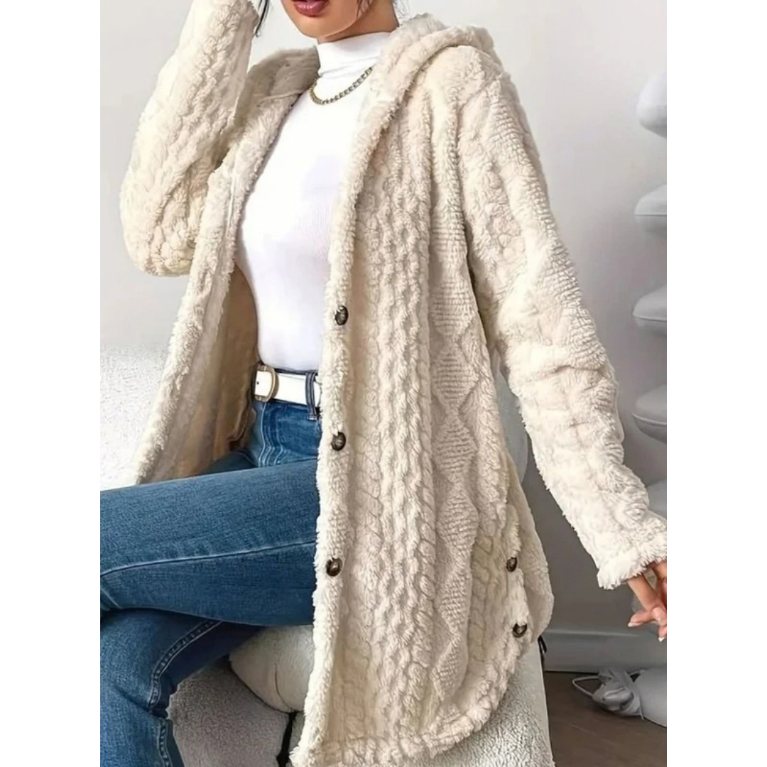 Milana | Damen Strickjacke mit Kapuze, Knöpfen und langem Schnitt