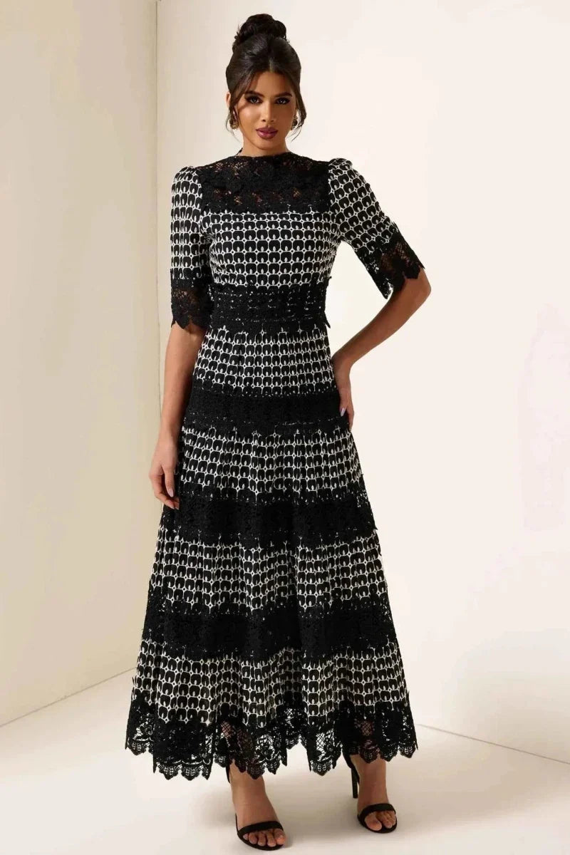 mireille – elegantes schwarzes spitzenkleid mit jacquardmuster für besondere anlässe