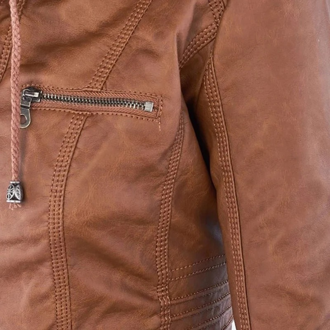 Nadine | Damen Kunstleder Bikerjacke mit Kapuze