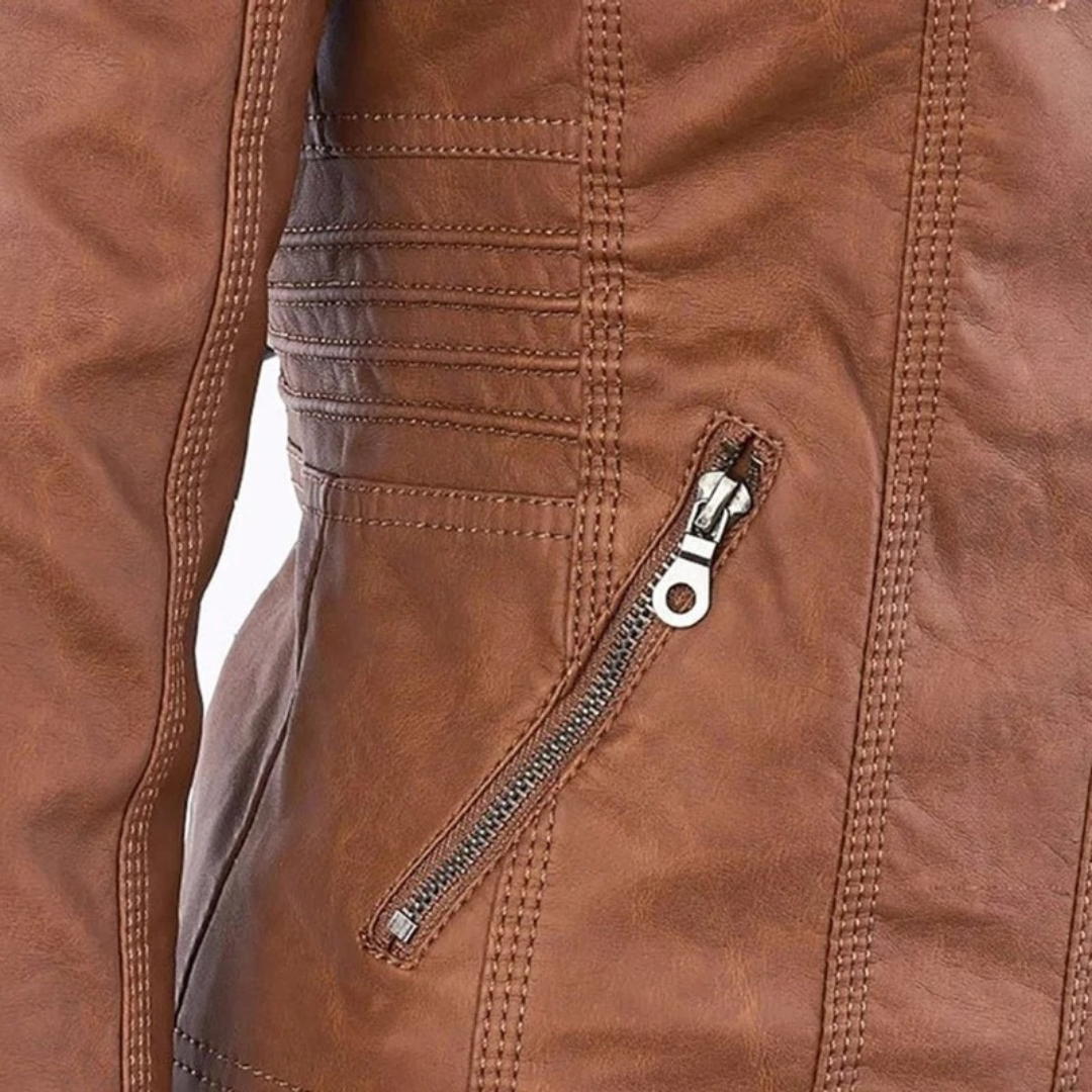 Nadine | Damen Kunstleder Bikerjacke mit Kapuze