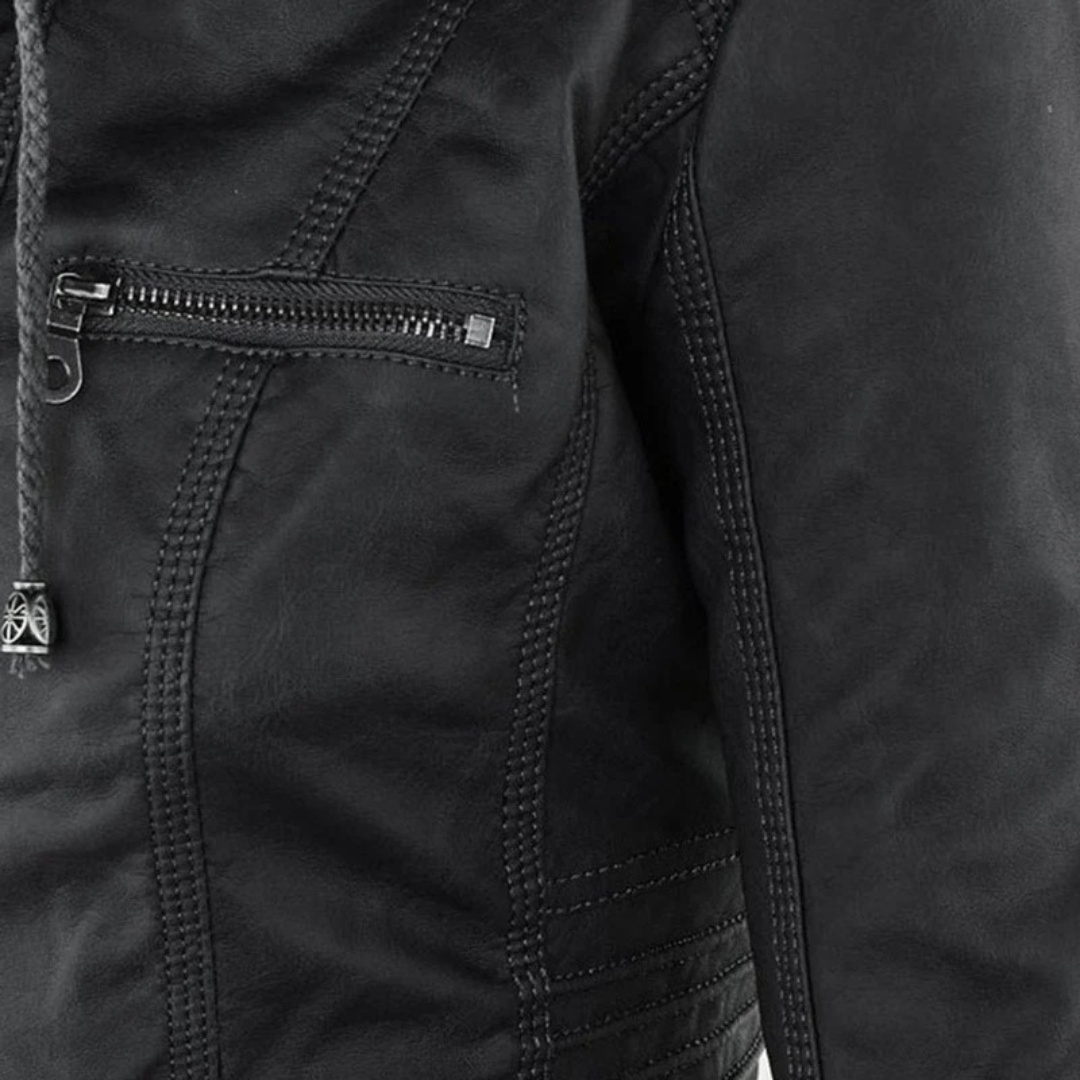 Nadine | Damen Kunstleder Bikerjacke mit Kapuze