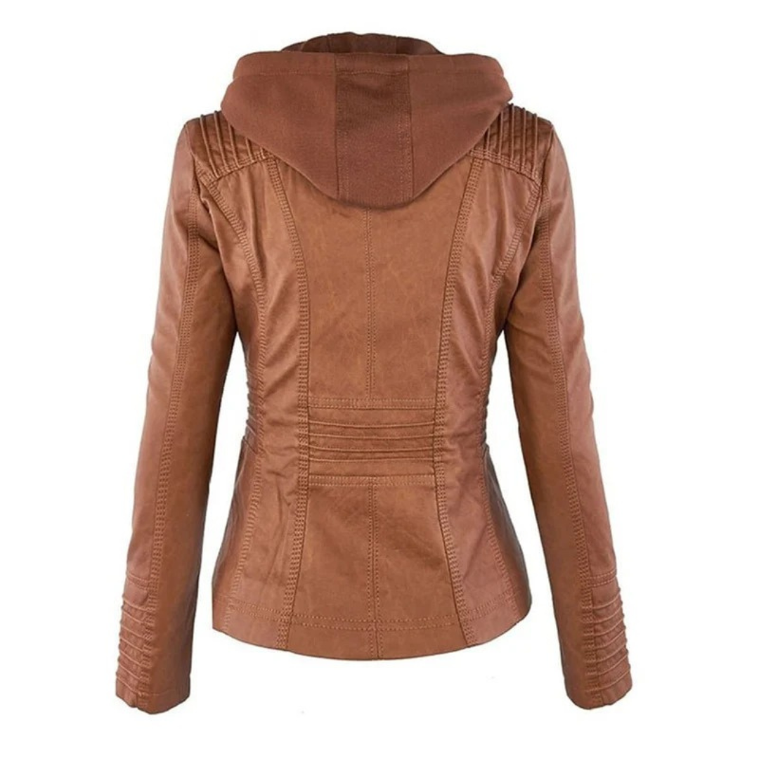 Nadine | Damen Kunstleder Bikerjacke mit Kapuze