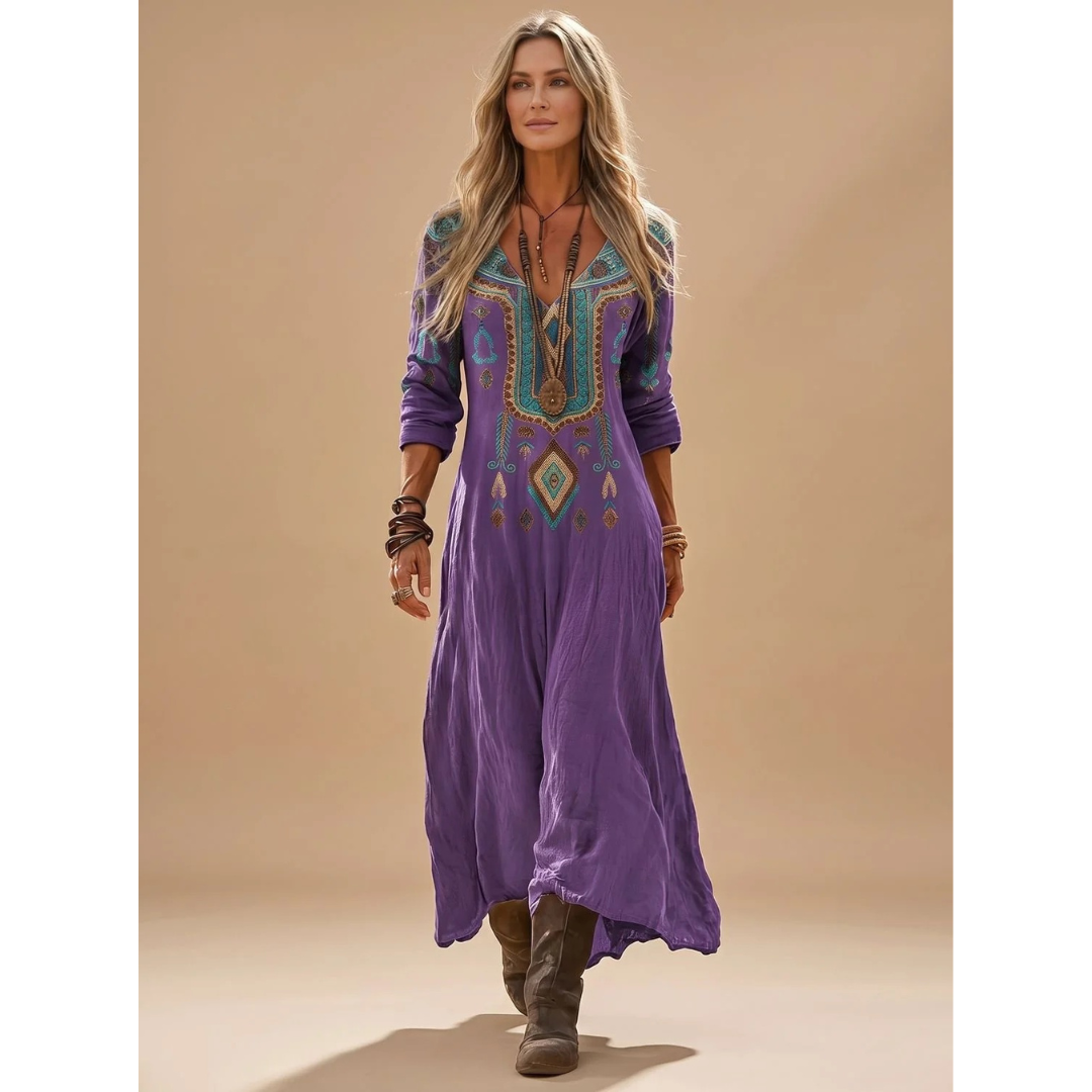 Odessa | Damen Lila Boho Maxikleid mit Langarm, V Ausschnitt und Vintage Muster