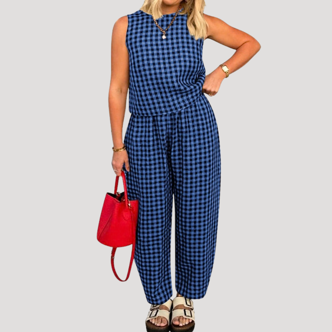 Odile | Damen Karo Zweiteiler Ärmellos Weite Hose