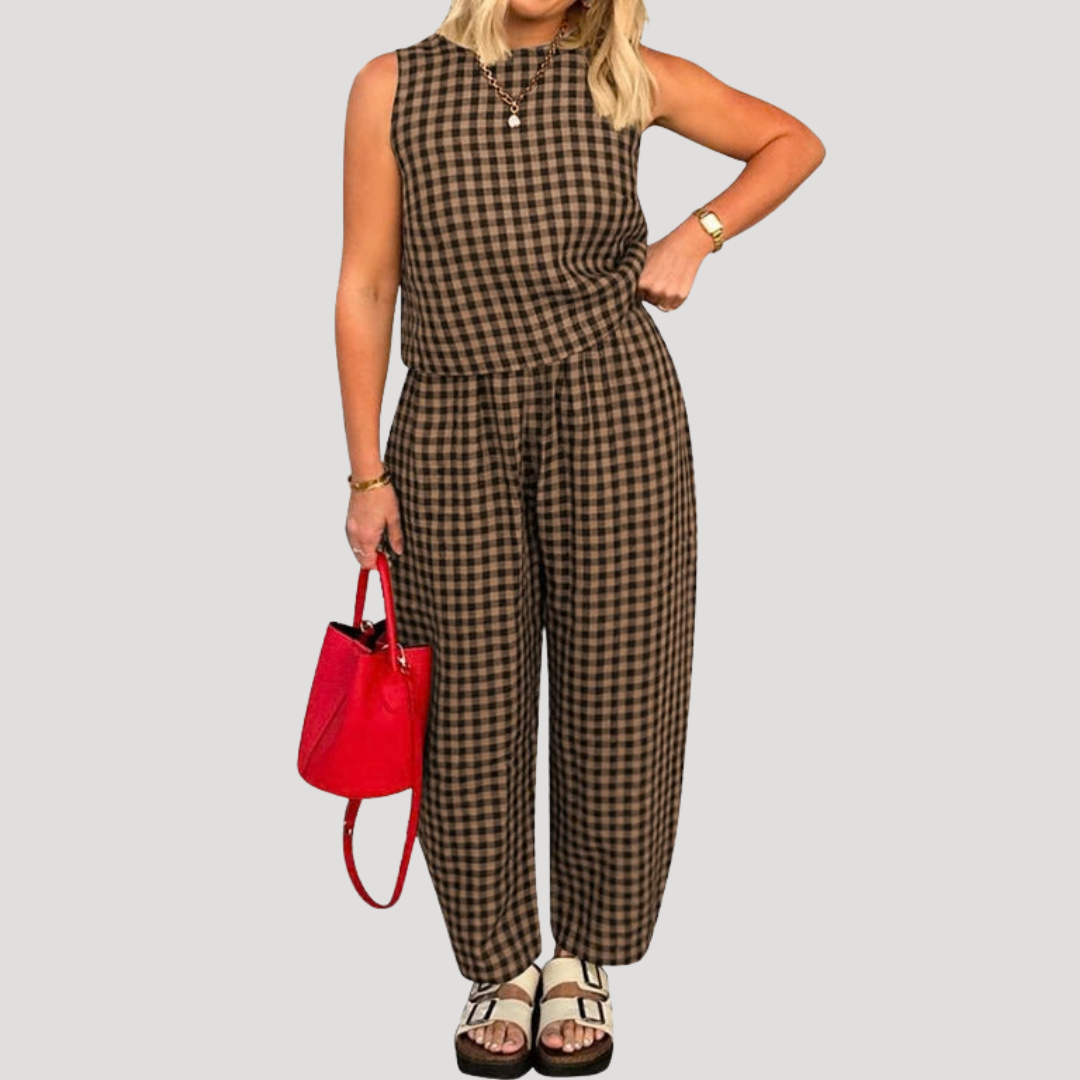 Odile | Damen Karo Zweiteiler Ärmellos Weite Hose