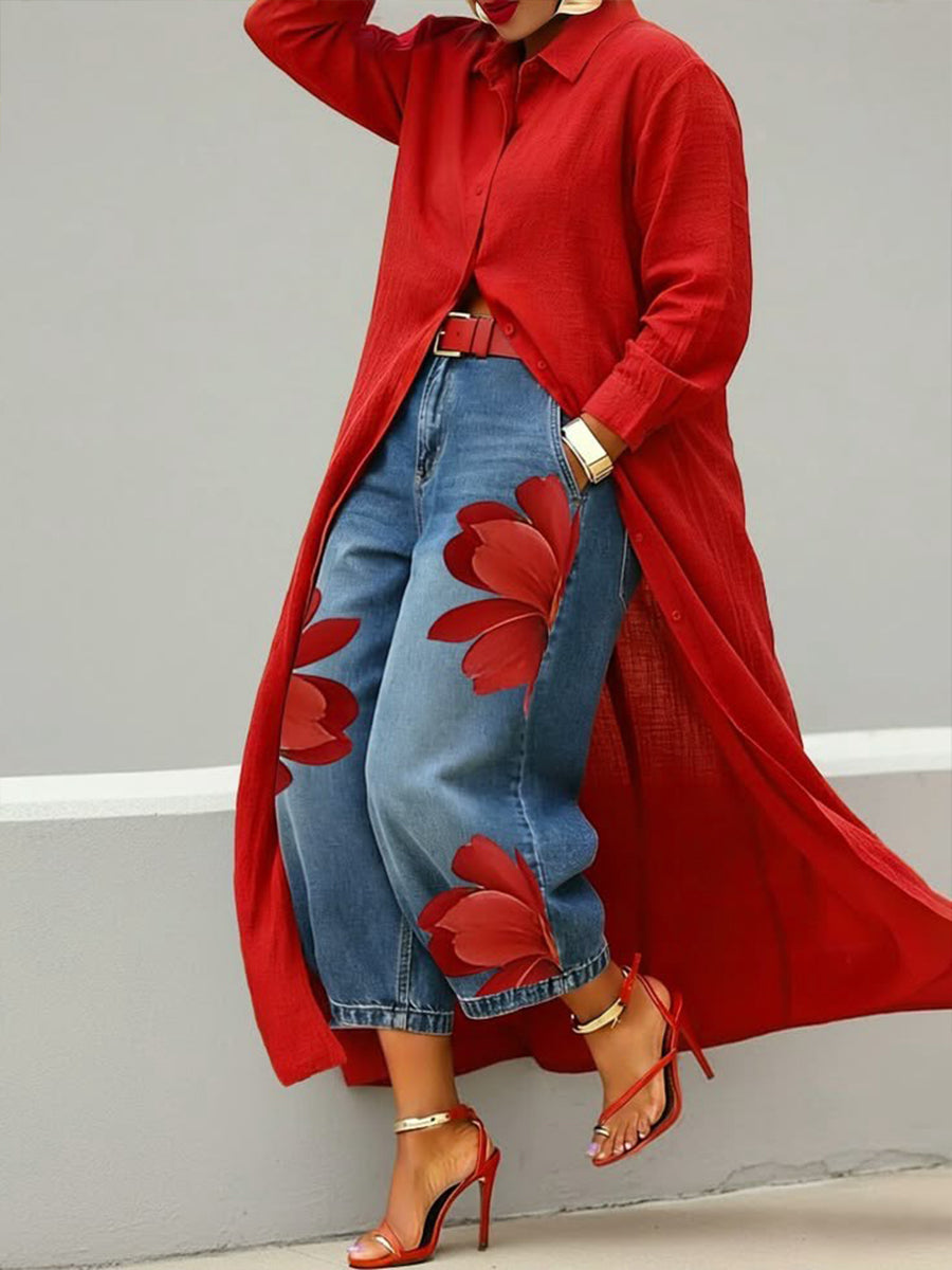Rhona - Set aus Hemd mit Knopfleiste und bedruckter Jeans