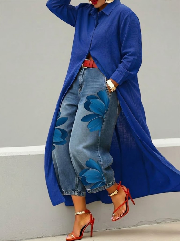Rhona - Set aus Hemd mit Knopfleiste und bedruckter Jeans