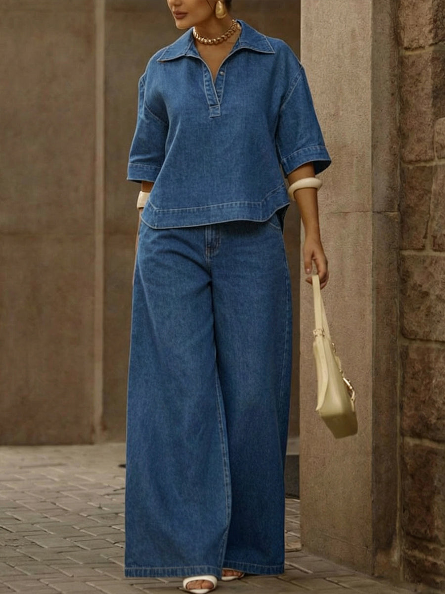 Schickes Damen-Jeans-Oberteil und weite Hose Zweiteiliges Set