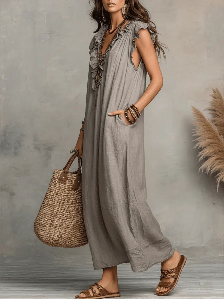Uanavi - Langes Kleid Im Bohemian Stil Aus Leinen