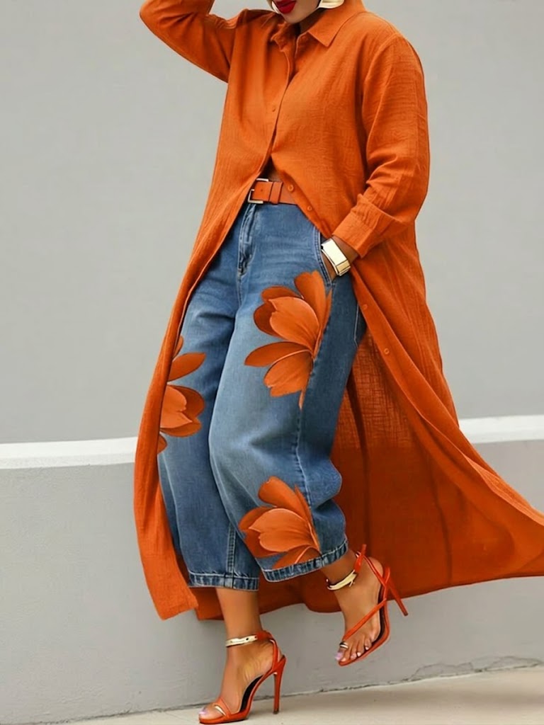 Rhona - Set aus Hemd mit Knopfleiste und bedruckter Jeans