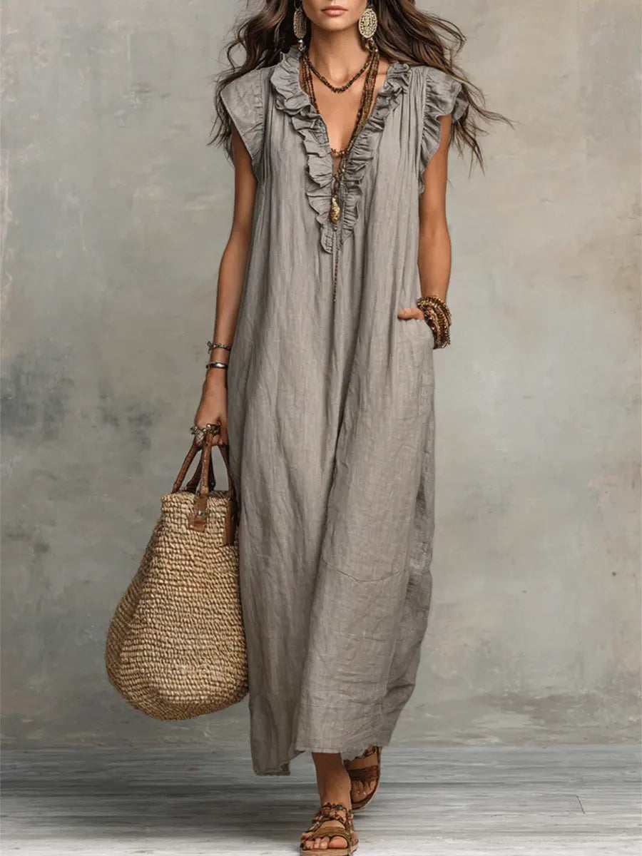 Uanavi - Langes Kleid Im Bohemian Stil Aus Leinen