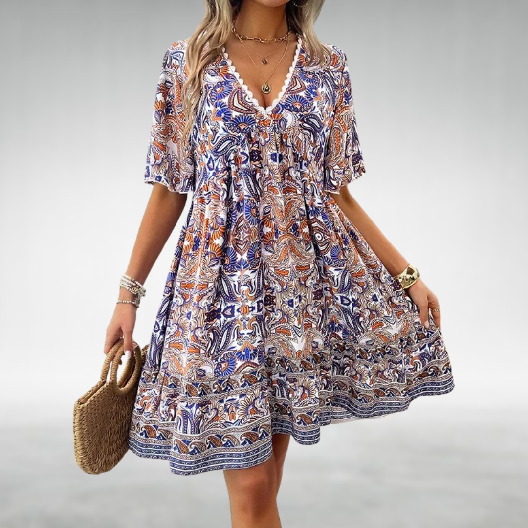 Ottilia | Damen Boho V-Ausschnitt Minikleid