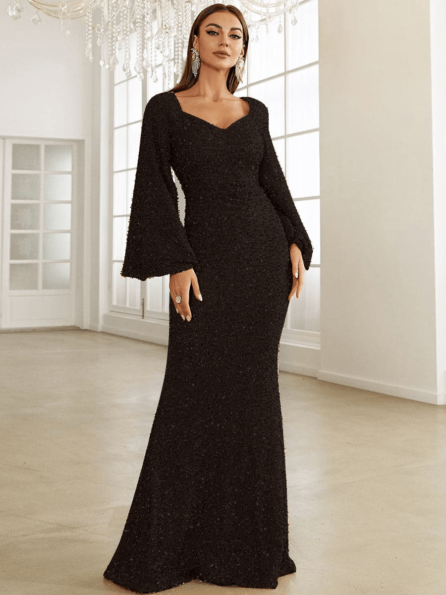 Pailletten Abendkleid Maxi mit V-Ausschnitt