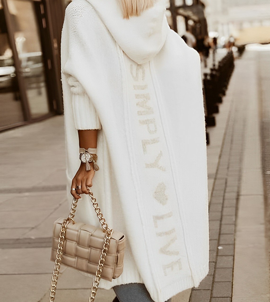 Jasmine - 2025 Lässiger offener Strickmantel mit Kapuze in mittlerer Länge Strickmantel