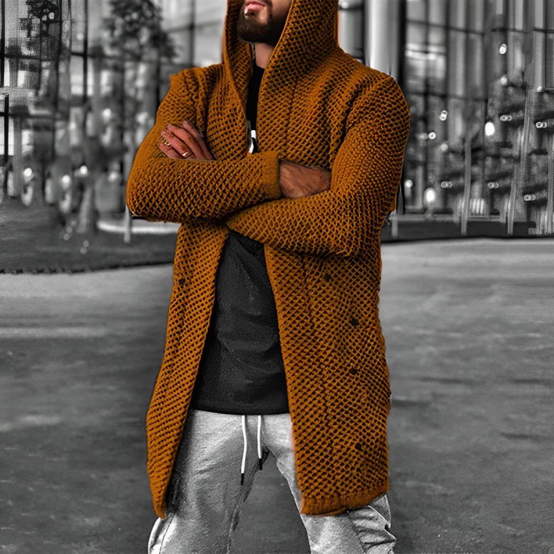 LÄSSIGER MITTELLANGER HERREN-STRICKCARDIGAN MIT KAPUZE - HOWARD
