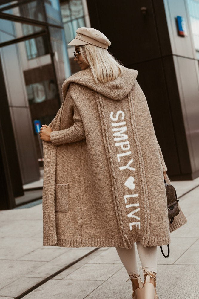 Jasmine - 2025 Lässiger offener Strickmantel mit Kapuze in mittlerer Länge Strickmantel