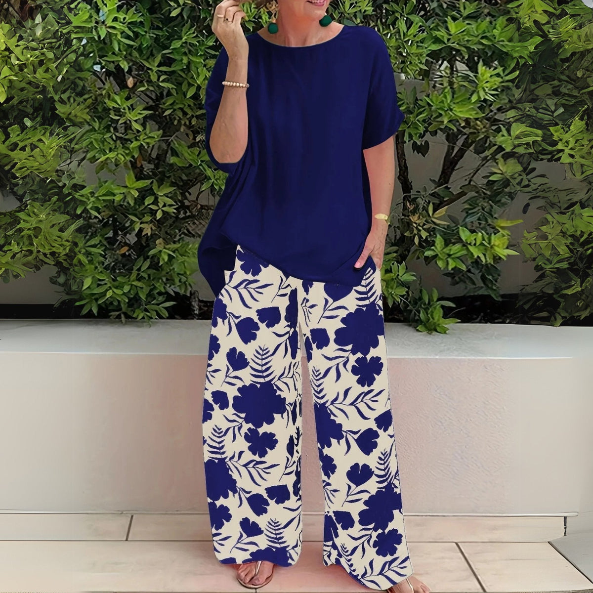 Hannah | Plus Size Zweiteiler Set Blumenmuster Wide-Leg Pants