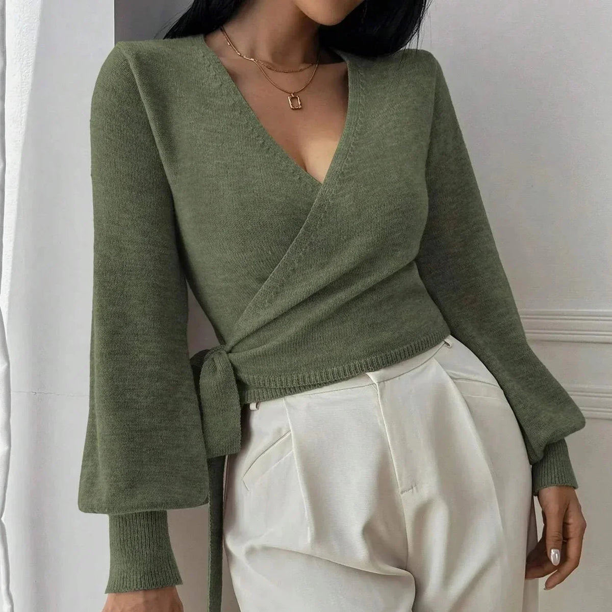 Yvonne | Damen Wickelpullover Bindegürtel Übergangsjacke – Wickelpulli Gürtel 2026