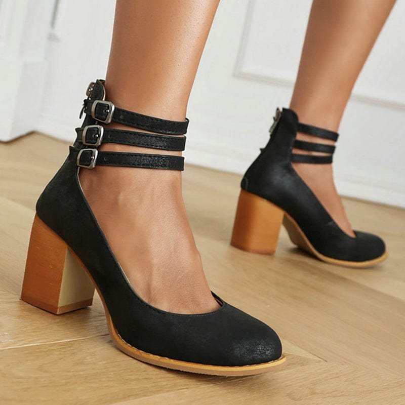 Leonie | Pumps Dreifach Schnallen Blockabsatz Leder Optik