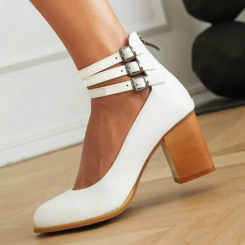 Leonie | Pumps Dreifach Schnallen Blockabsatz Leder Optik