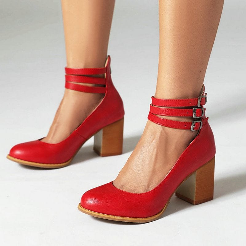 Leonie | Pumps Dreifach Schnallen Blockabsatz Leder Optik