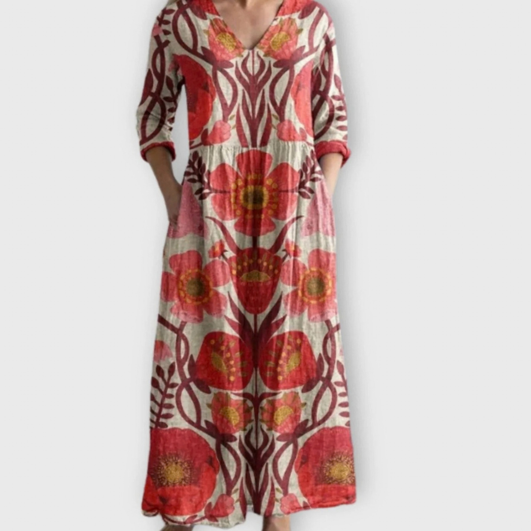 Rebecca | Damen Rotes Boho Maxikleid mit V Ausschnitt und Blumen