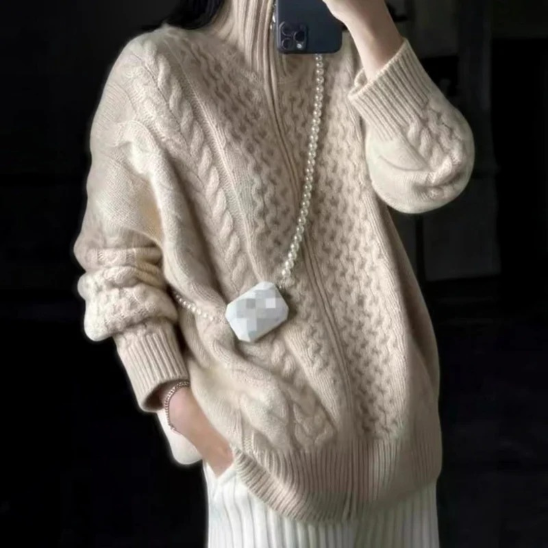 Rieke | Damen Beige Strickpullover mit Reißverschluss und Oversize Schnitt
