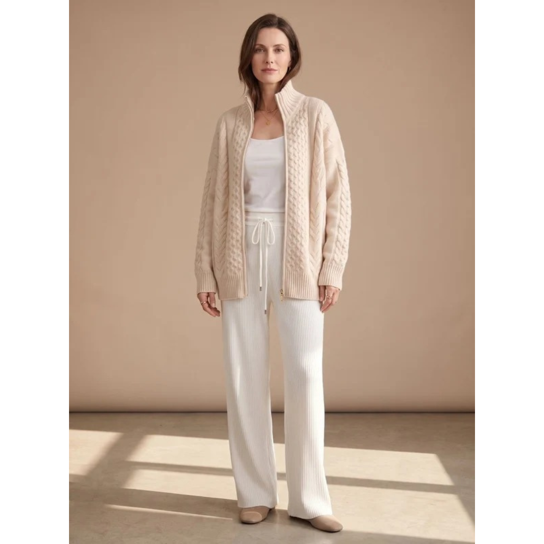 Rieke | Damen Beige Strickpullover mit Reißverschluss und Oversize Schnitt