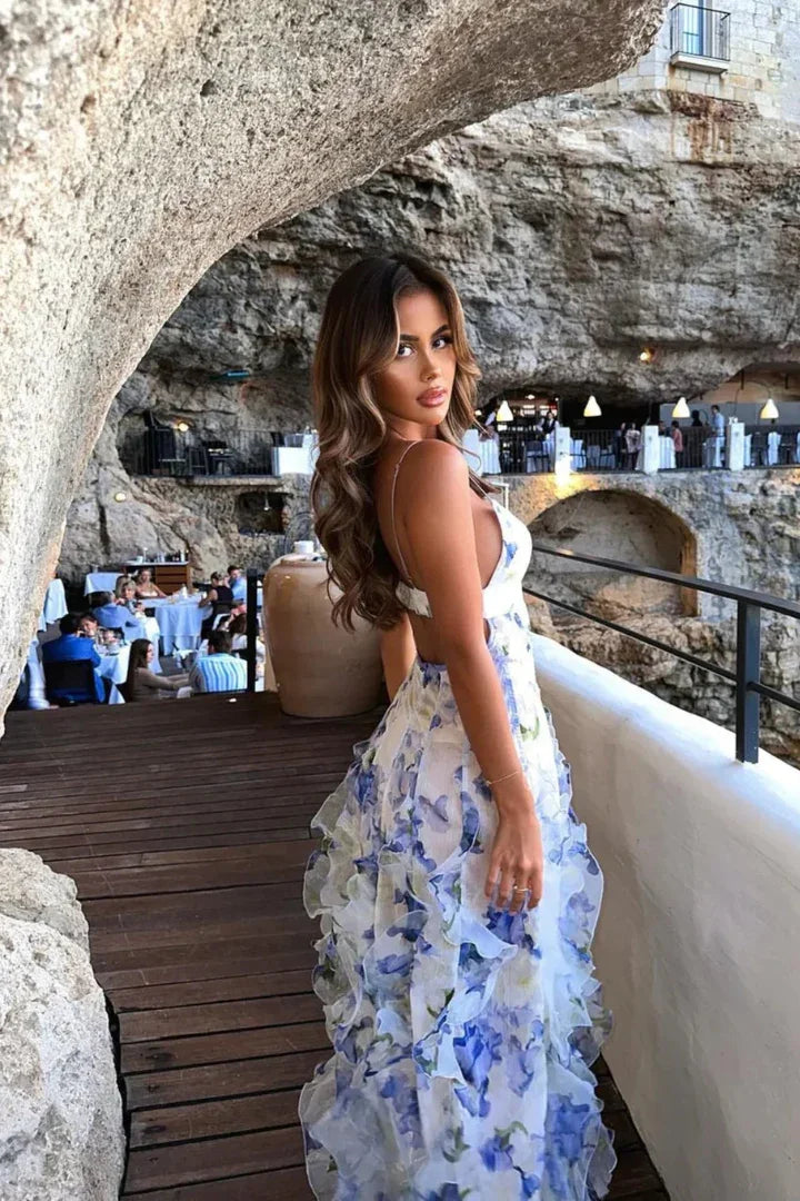Elena | Damen Langes Sommerkleid Weiß Blau Geblümt Volants – Blumen Maxi Korsett 2026