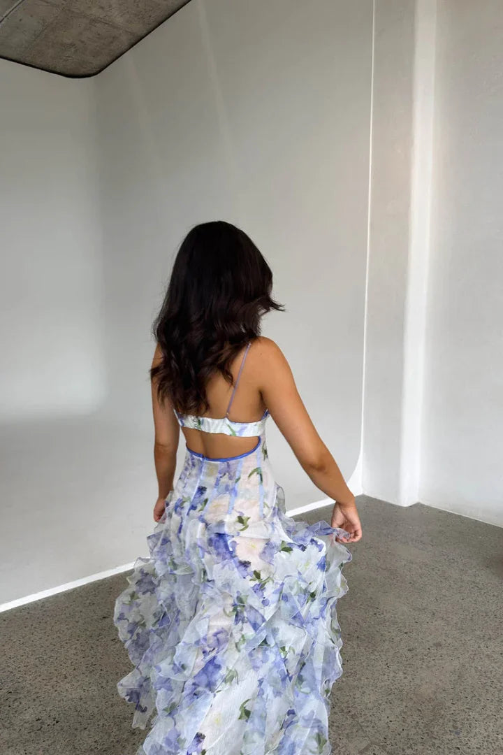 Elena | Damen Langes Sommerkleid Weiß Blau Geblümt Volants – Blumen Maxi Korsett 2026