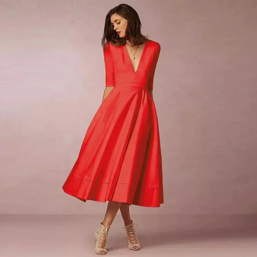 Jana | Damen Midi Kleid V-Ausschnitt 3/4-Ärmel Taschen – A-Linie Midi Kleid 2026