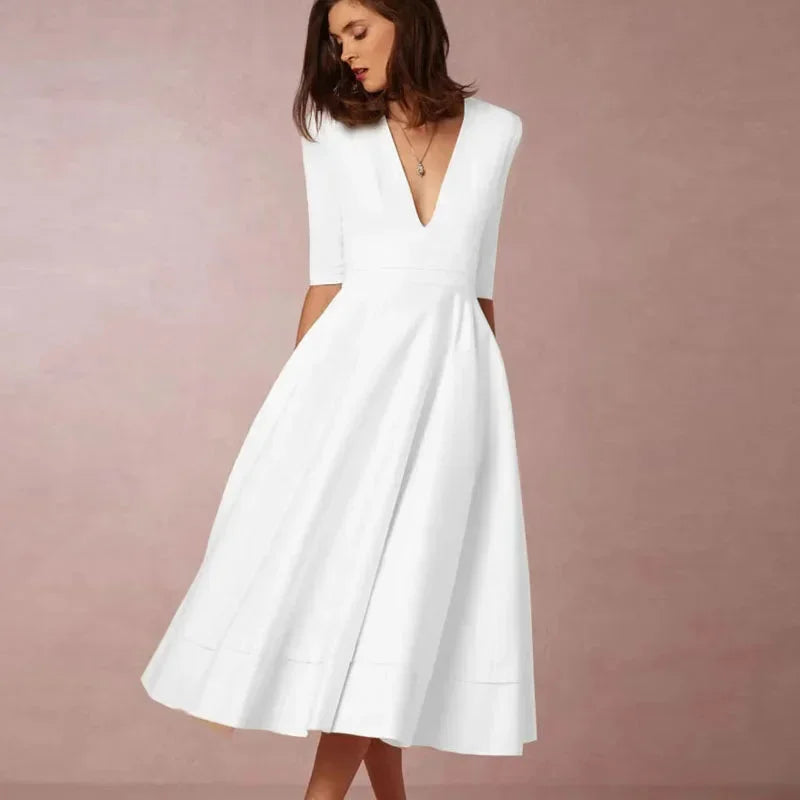 Jana | Damen Midi Kleid V-Ausschnitt 3/4-Ärmel Taschen – A-Linie Midi Kleid 2026