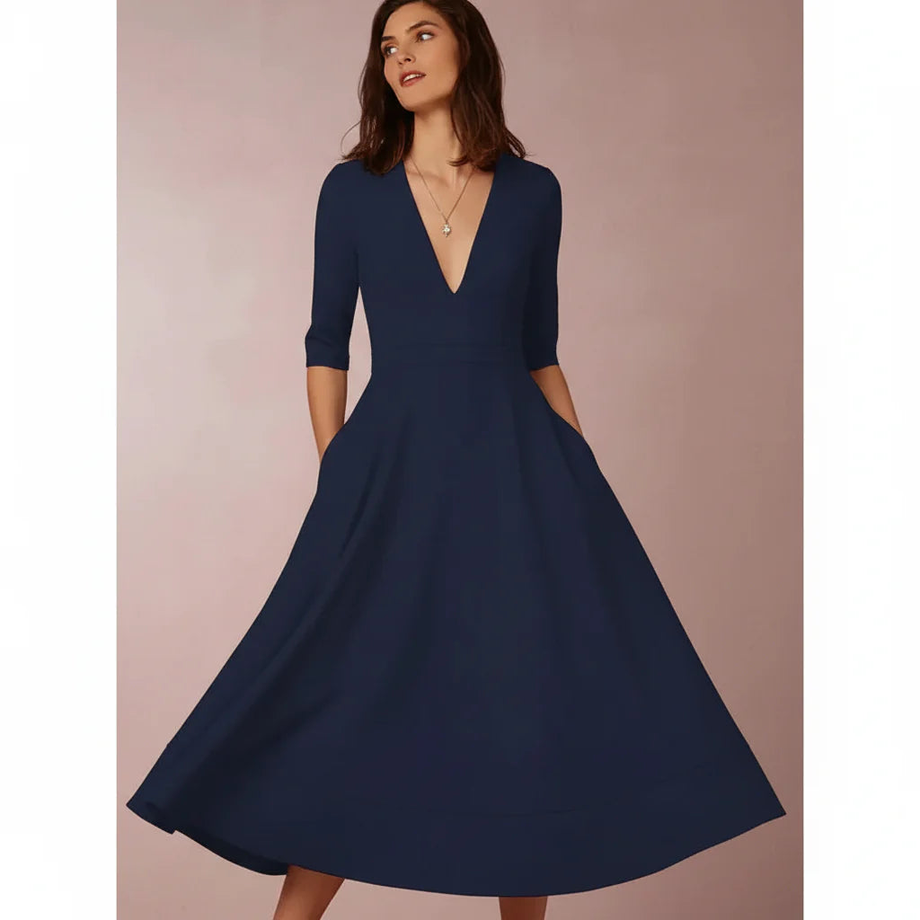 Jana | Damen Midi Kleid V-Ausschnitt 3/4-Ärmel Taschen – A-Linie Midi Kleid 2026