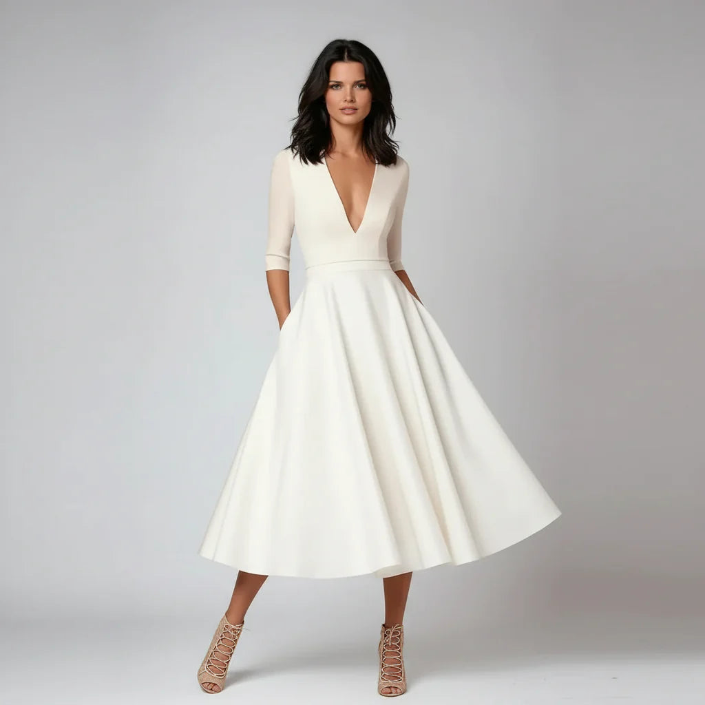 Jana | Damen Midi Kleid V-Ausschnitt 3/4-Ärmel Taschen – A-Linie Midi Kleid 2026