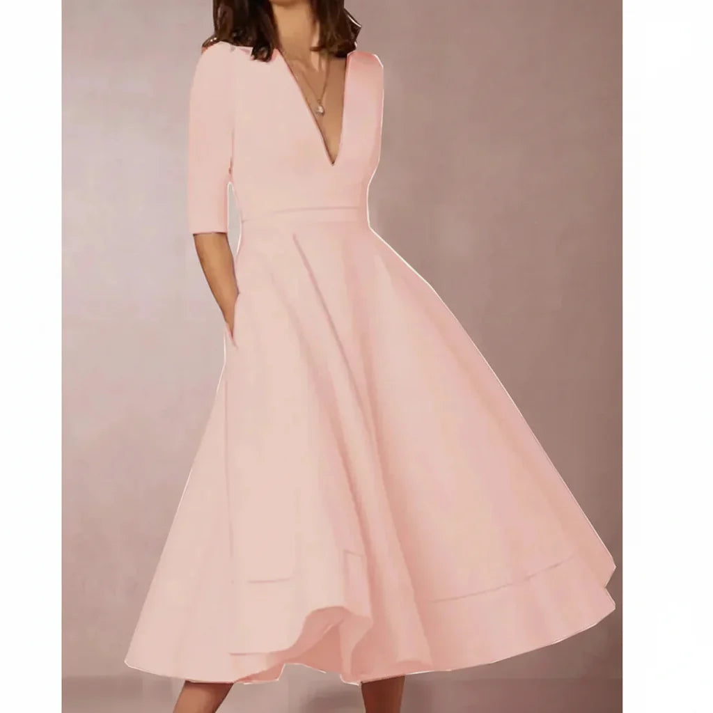 Jana | Damen Midi Kleid V-Ausschnitt 3/4-Ärmel Taschen – A-Linie Midi Kleid 2026