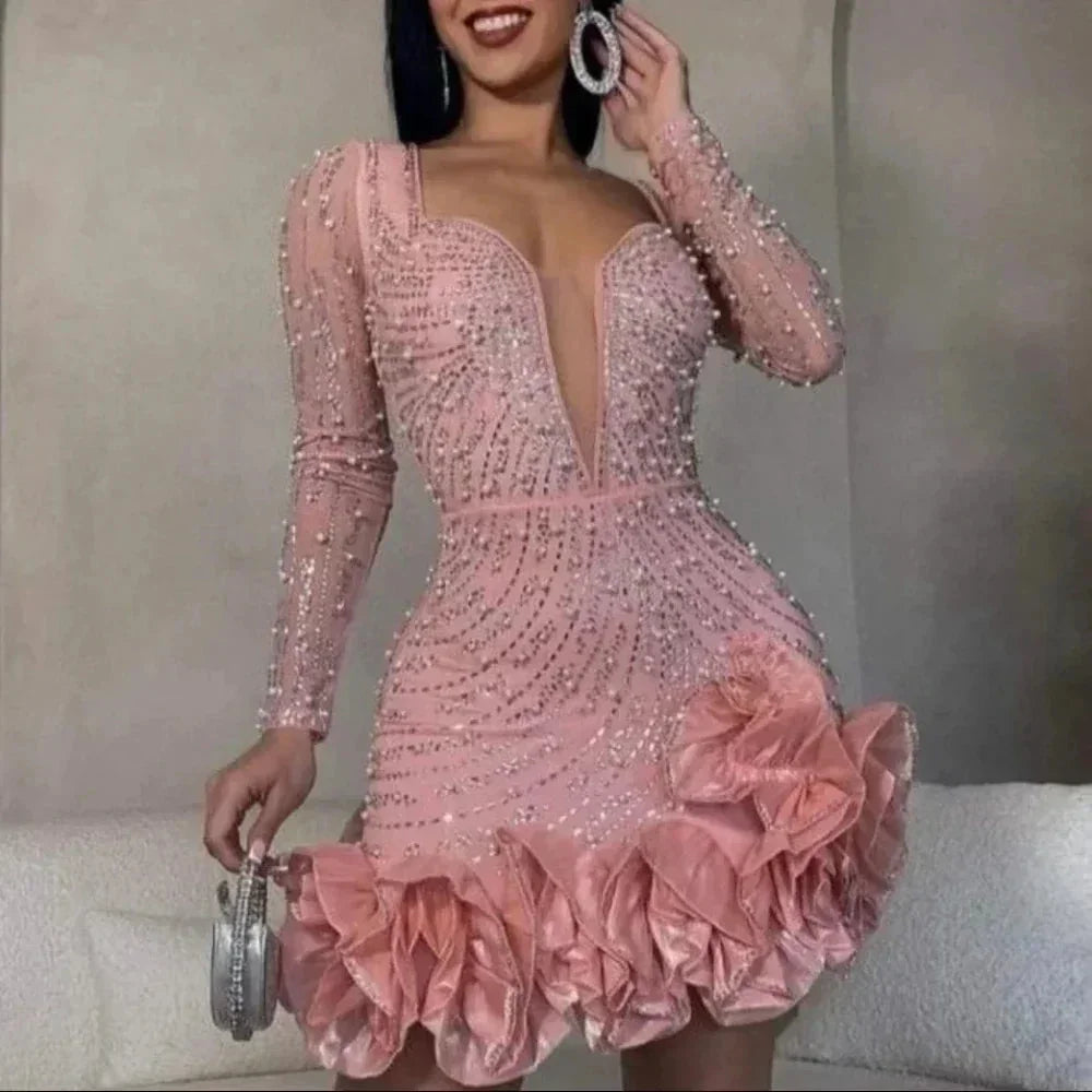 Xenia | Damen Kurzes Abendkleid Tiefer V-Ausschnitt Langarm – Mini Abendkleid 2026