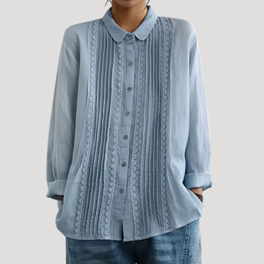 Romy | Damen Plissee Langarm Bluse mit Spitzendetails