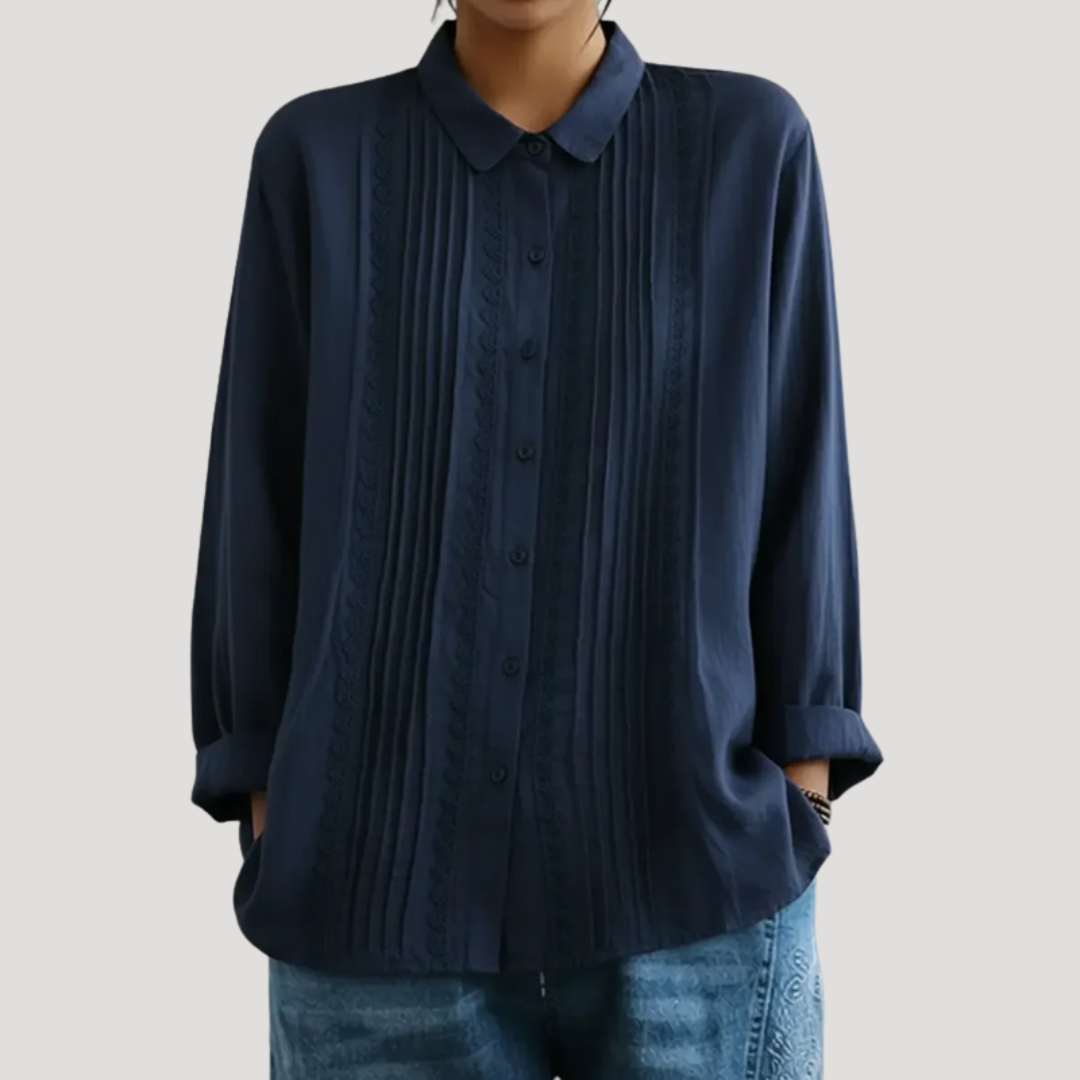 Romy | Damen Plissee Langarm Bluse mit Spitzendetails