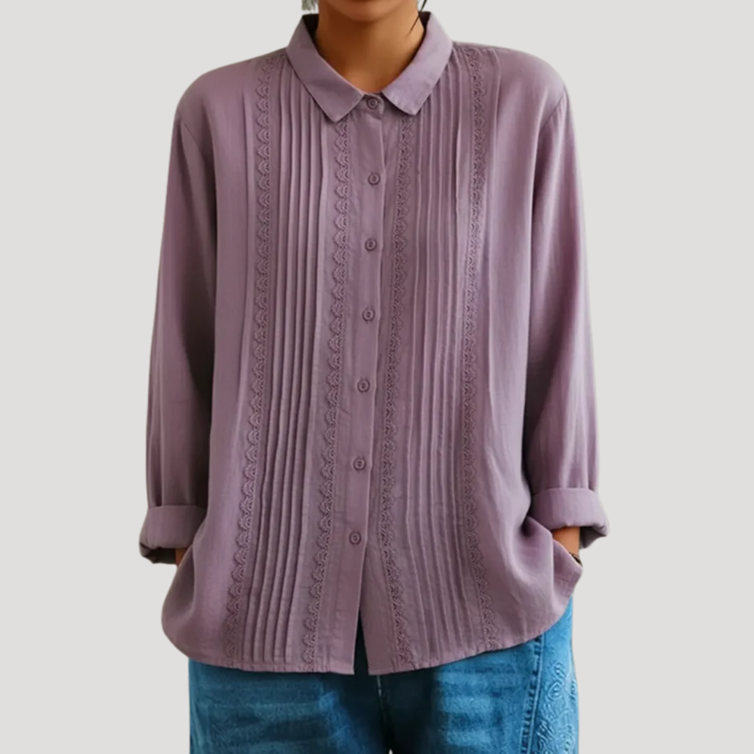 Romy | Damen Plissee Langarm Bluse mit Spitzendetails