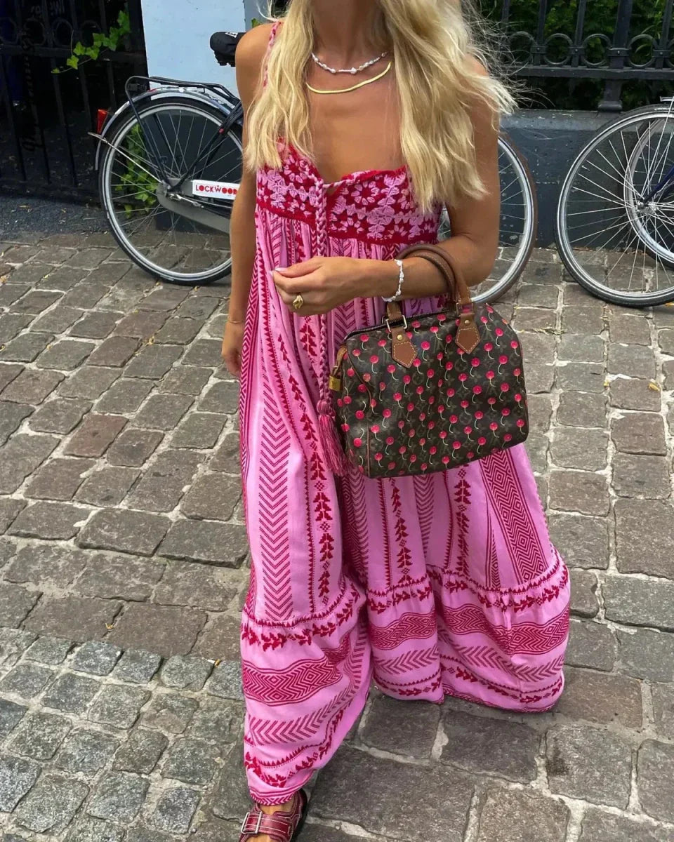 Rosa Sommer Boho Maxi Kleid Mit Muster