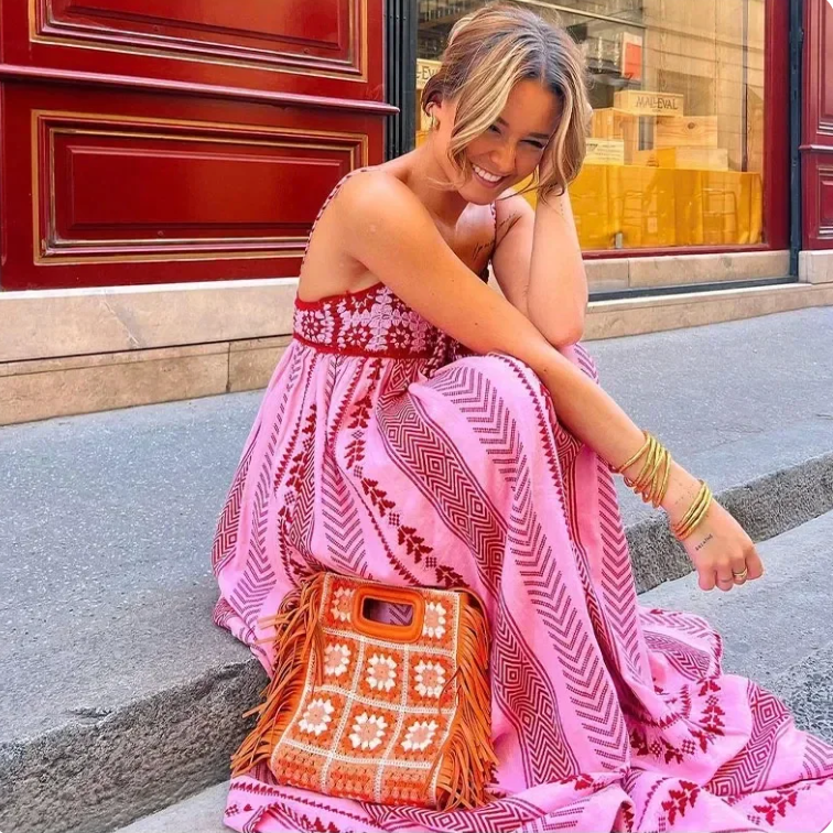 Rosa Sommer Boho Maxi Kleid Mit Muster