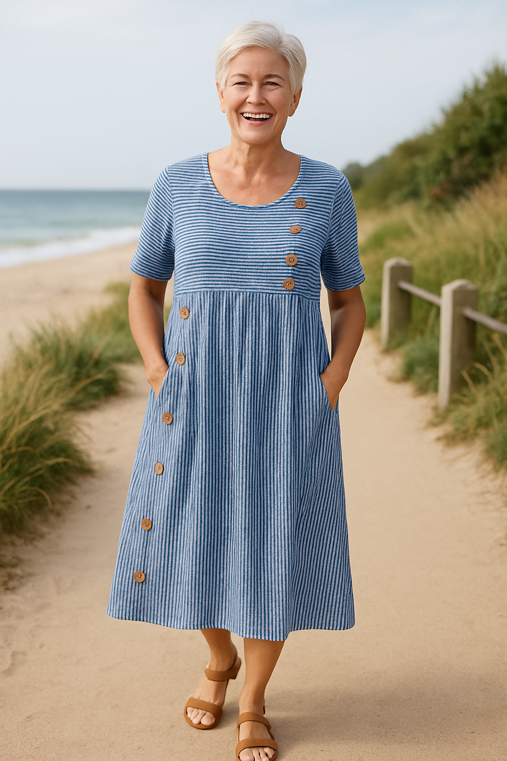 Roswen | Damen Gestreiftes Kurzarm Midikleid mit Knöpfen