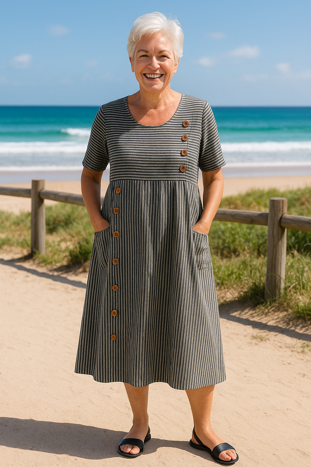 Roswen | Damen Gestreiftes Kurzarm Midikleid mit Knöpfen