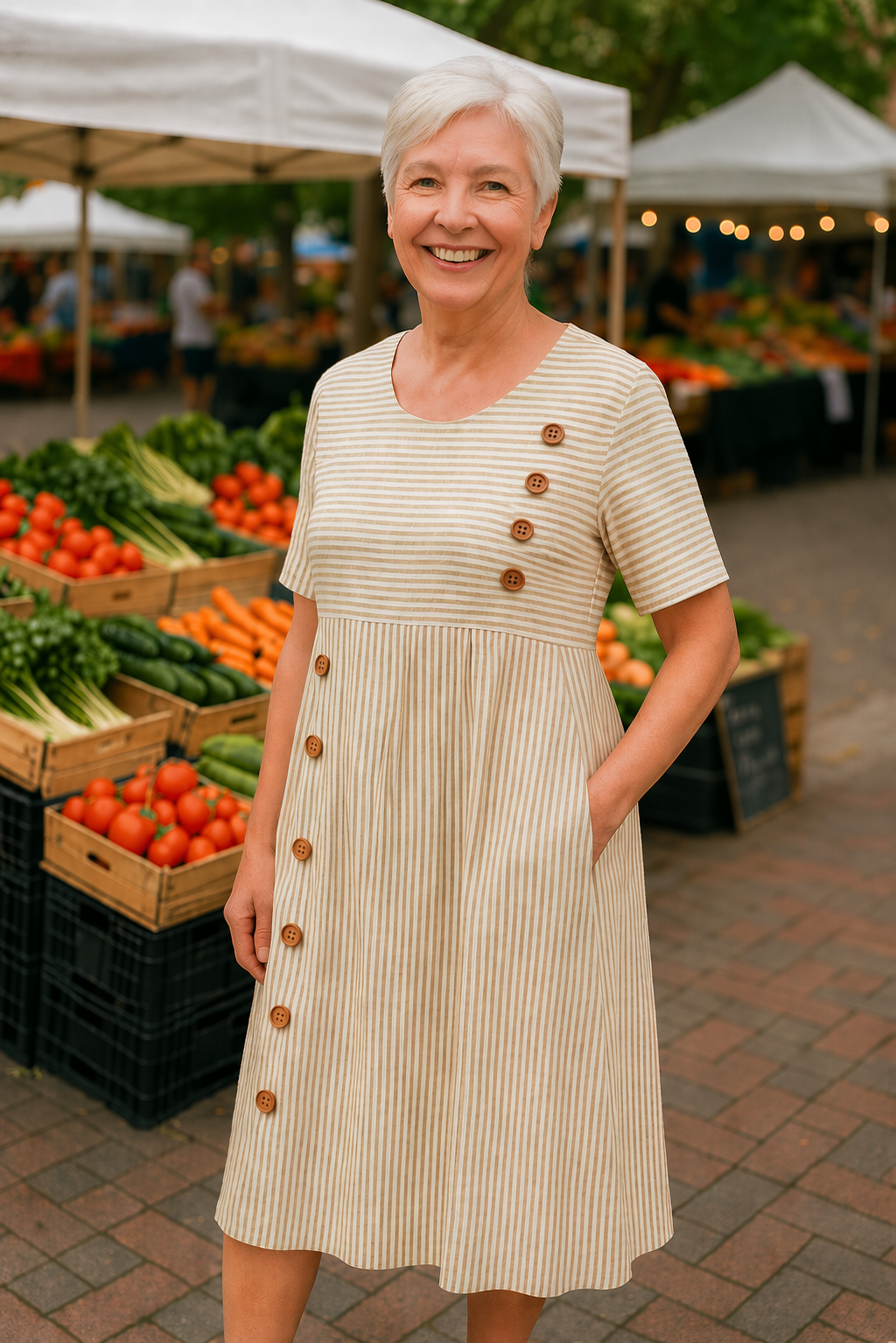 Roswen | Damen Gestreiftes Kurzarm Midikleid mit Knöpfen