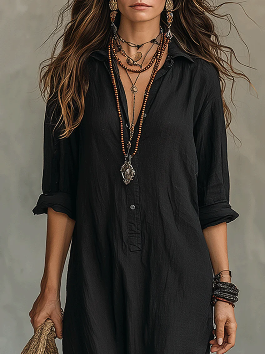 Selestina | Damen Hemdblusenkleid Schwarz Langarm Maxikleid