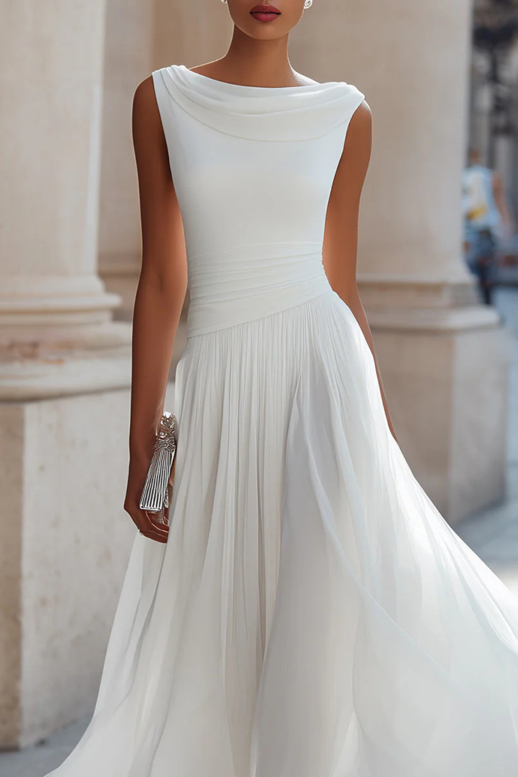 Seraphita | Damen Drapiertes Ärmellos Plissee Midikleid