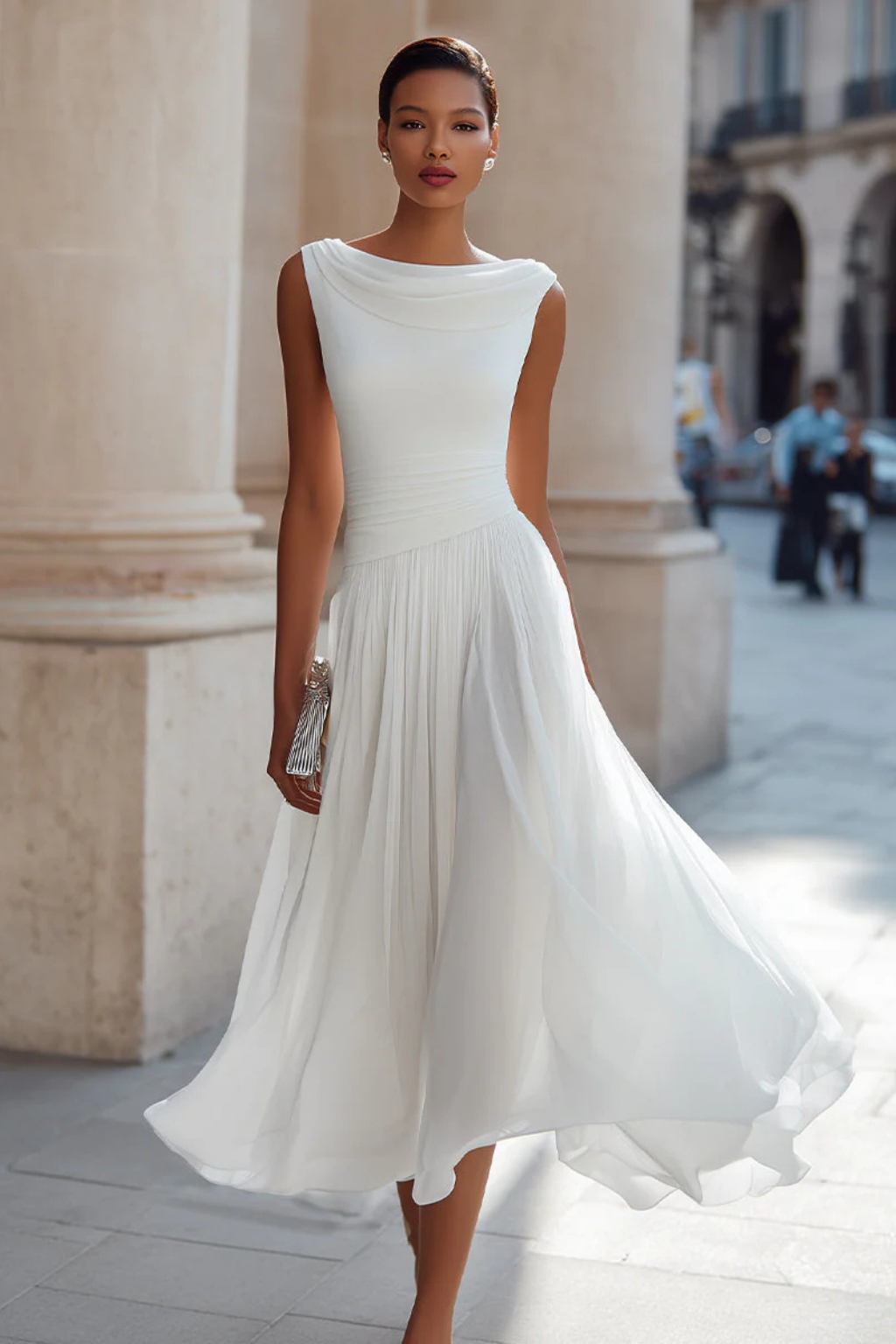 Seraphita | Damen Drapiertes Ärmellos Plissee Midikleid