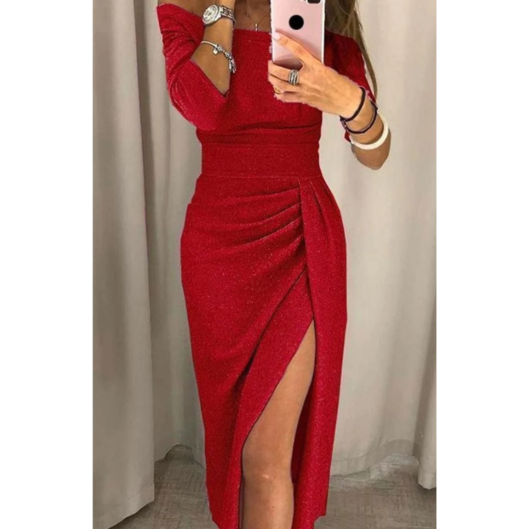 Silvana | Damen Cocktailkleid mit Langarm, Falten und Pailletten