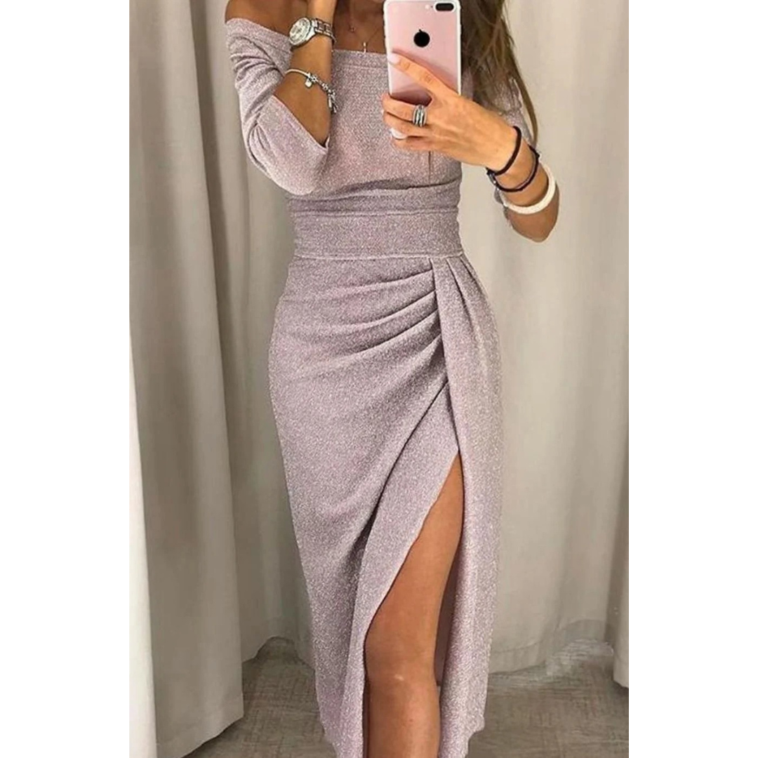 Silvana | Damen Cocktailkleid mit Langarm, Falten und Pailletten